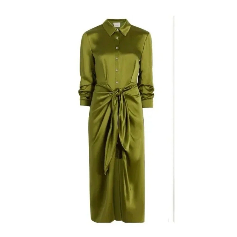 Cinq à Sept Jacey Silk Shirtdress Womens Size 6 Green Moss Tie-Waist Midi Luxe - Picture 2 of 15